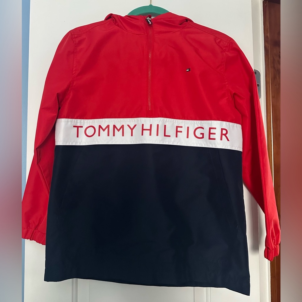 TOMMY HILFIGER Size 12/14 Boy Red, Navy, & White Hooded Rain Jacket with Pockets